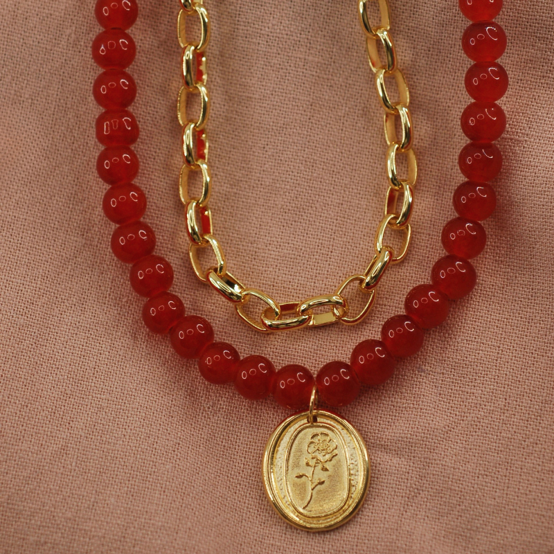 Collar Rojo y Cadena - Bañado en Oro