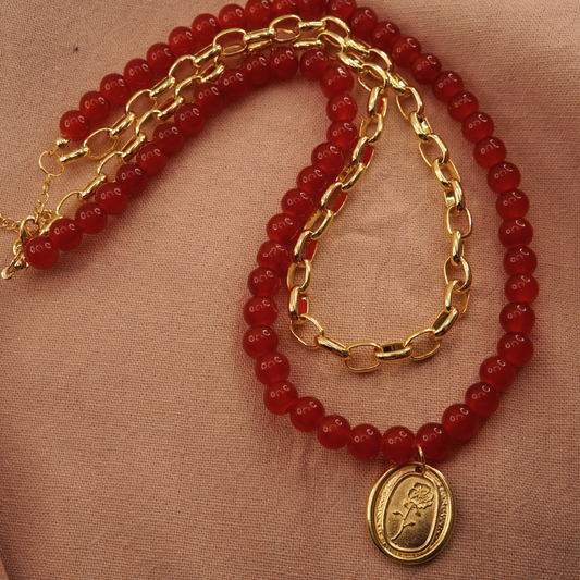 Collar Rojo y Cadena - Bañado en Oro
