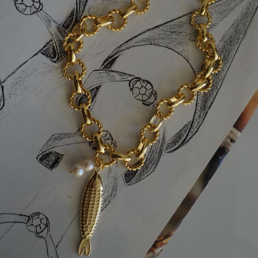 Collar Cadena Pescado y Perlas