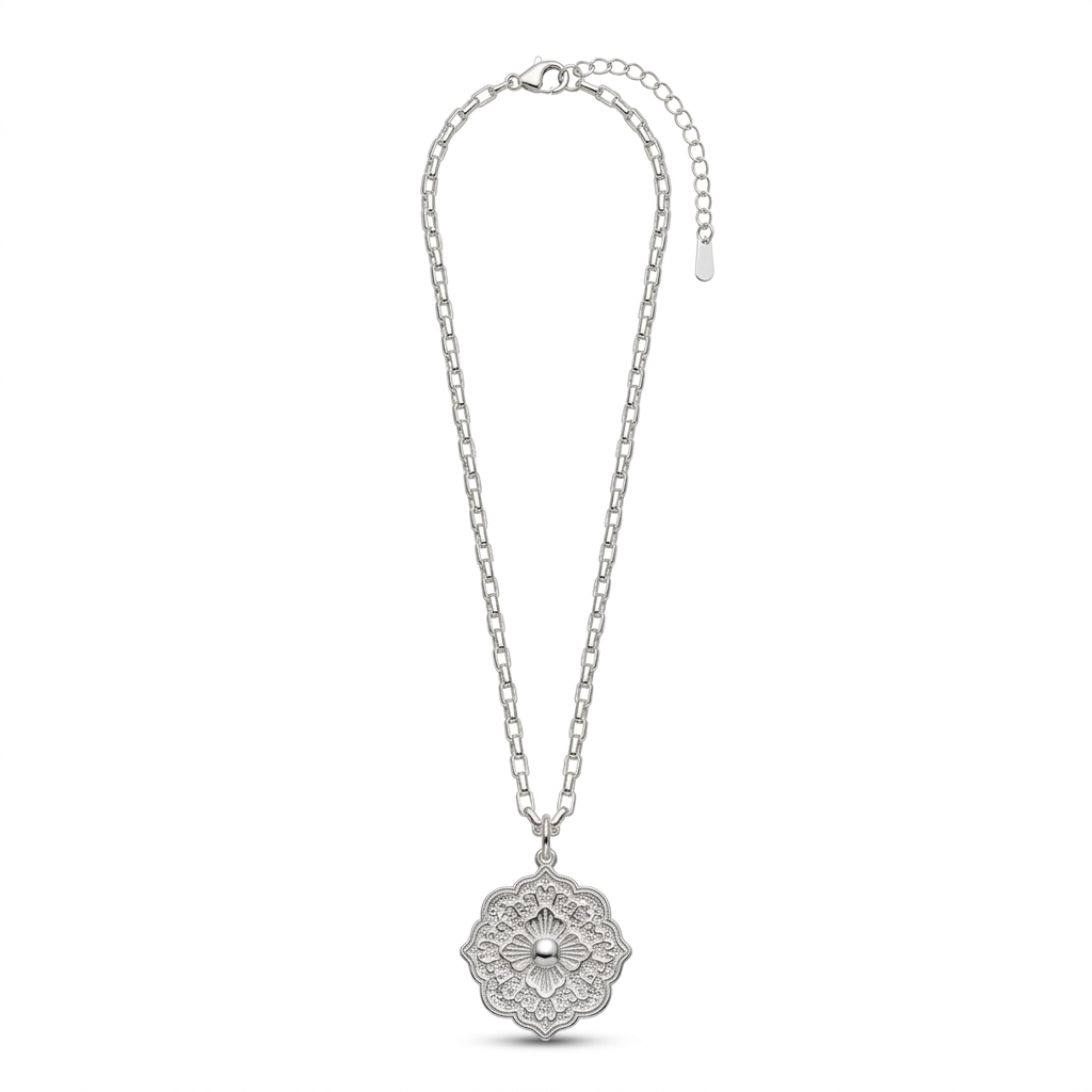 Collar Cadena y Medalla Flor - Bañado en Plata