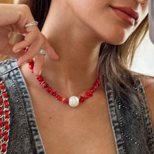 Collar Coral Rojo y Perla