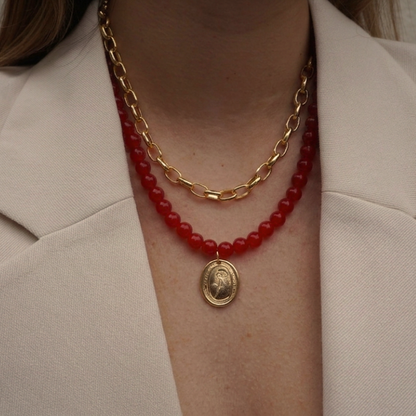 Collar Rojo y Cadena - Bañado en Oro