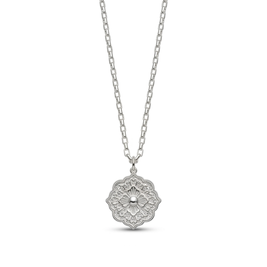Collar Cadena y Medalla Flor - Bañado en Plata