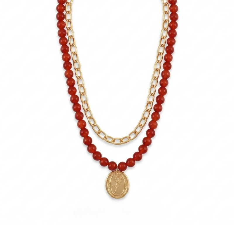 Collar Rojo y Cadena - Bañado en Oro