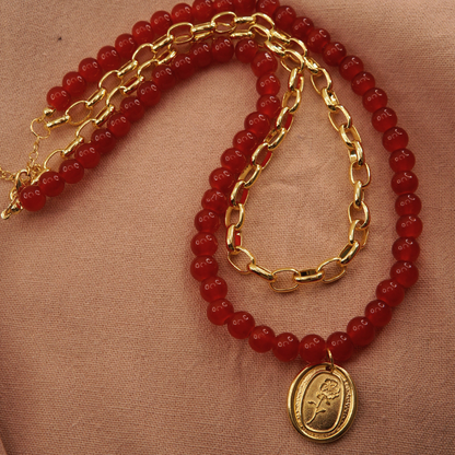 Collar Rojo y Cadena - Bañado en Oro