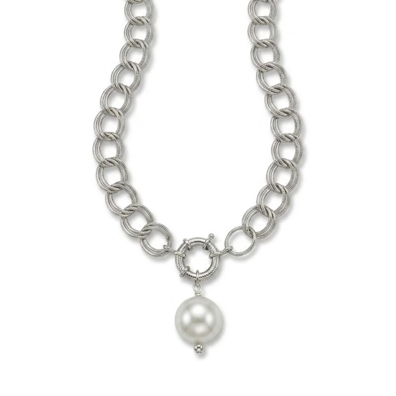 Collar Cadena Plateada y Perla