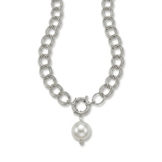 Collar Cadena Plateada y Perla