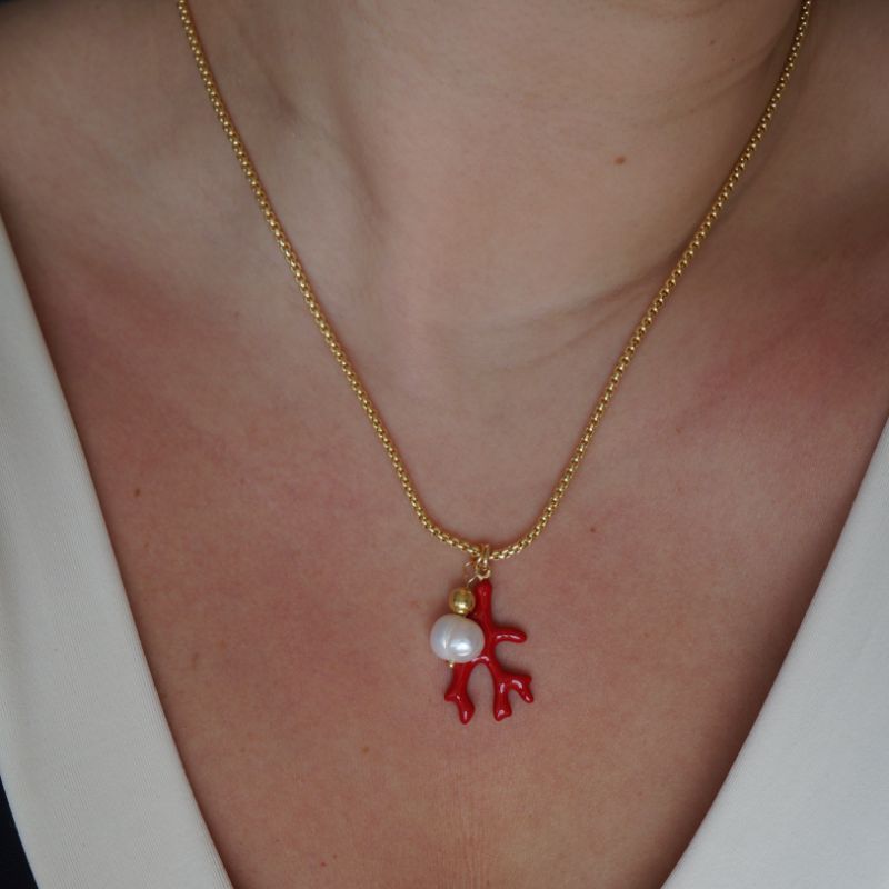 Collar Coral Rojo y Perla de Río