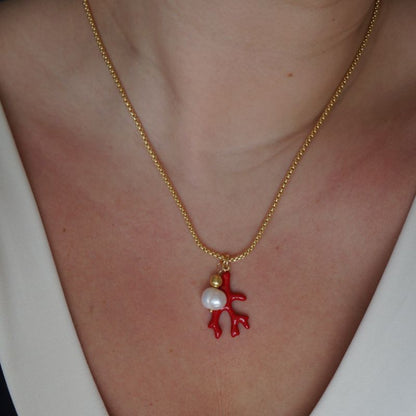 Collar Coral Rojo y Perla de Río
