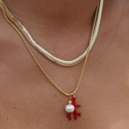 Collar Coral Rojo y Perla de Río