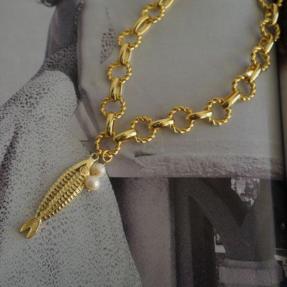 Collar Cadena Pescado y Perlas