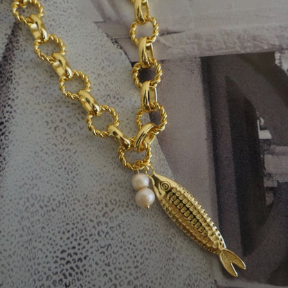 Collar Cadena Pescado y Perlas