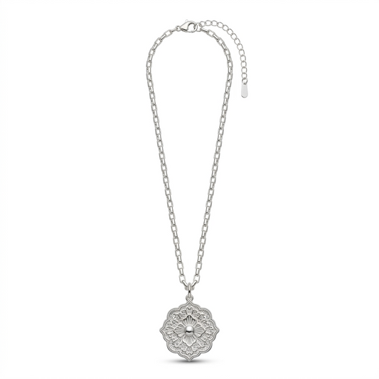 Collar Cadena y Medalla Flor - Bañado en Plata