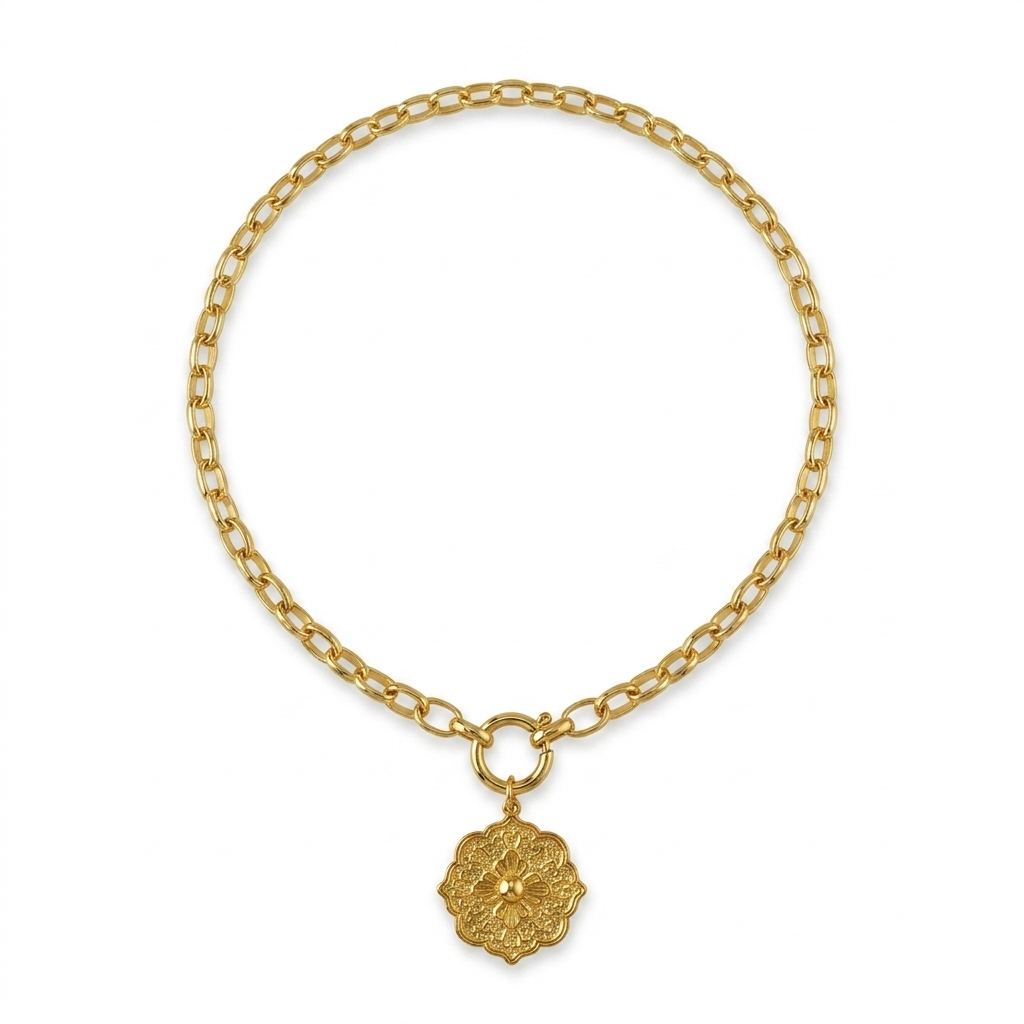 Collar Cadena, Timón y Medalla Flor - Bañado en Oro