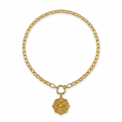 Collar Cadena, Timón y Medalla Flor - Bañado en Oro