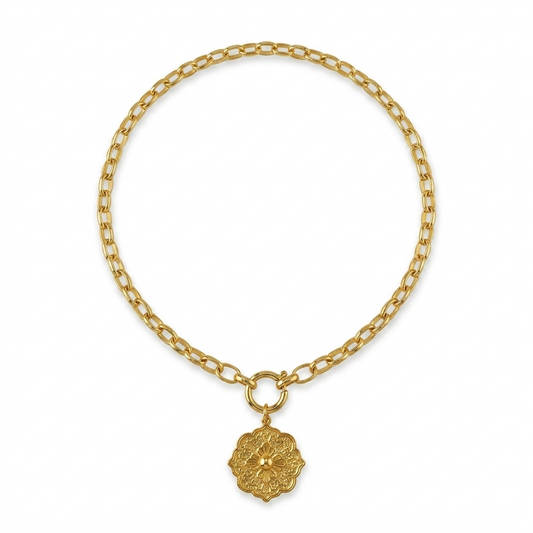 Collar Cadena, Timón y Medalla Flor - Bañado en Oro